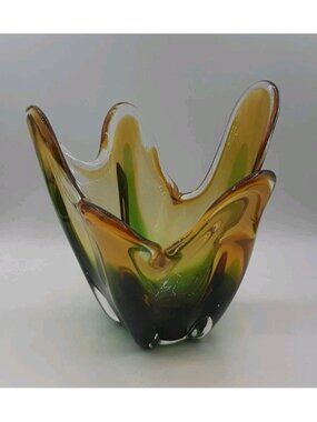 Vintage Two Tone Hand Blown 5 Finger Swung Art Glass Dish Bowl Murano Like
